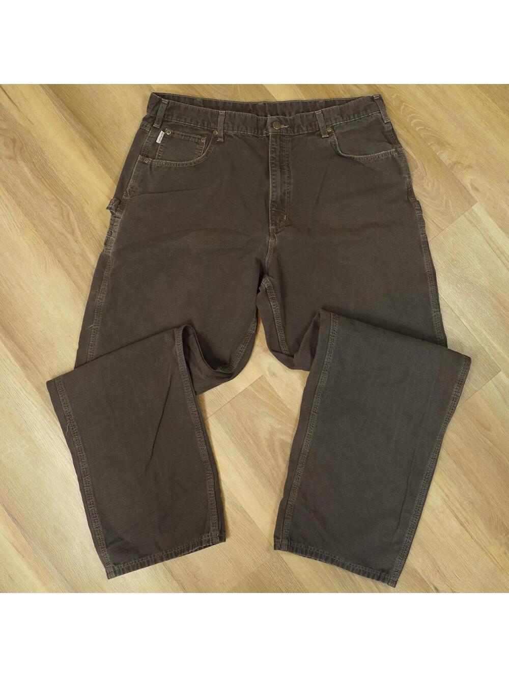 Carhartt Loose Fit Chocolate Brown Canvas Work Pants‎ Size 40x34 Leather Patch